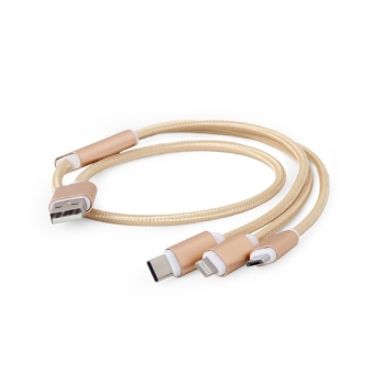 USB 3-in-1 charging cable, pleteni ojacan, metalni konektori, 1 m, gold
