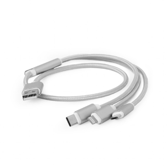 USB 3-in-1 charging cable, pleteni ojacan, metalni konektori, 1 m, silver