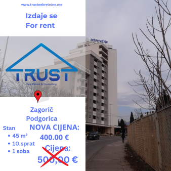 Jednosoban stan 45m2, Zagoric, Podgorica, Izdavanje