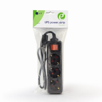UPS power strip, 3 Schuko sockets, fused switch, 16 A, C14 plug, 0.6 m cable, black