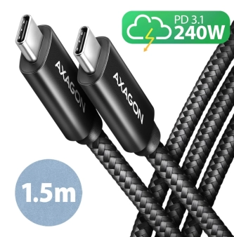 Axagon USB kabl za prenos podataka i punjenje 1,5m, 240W, Crno pleteno.